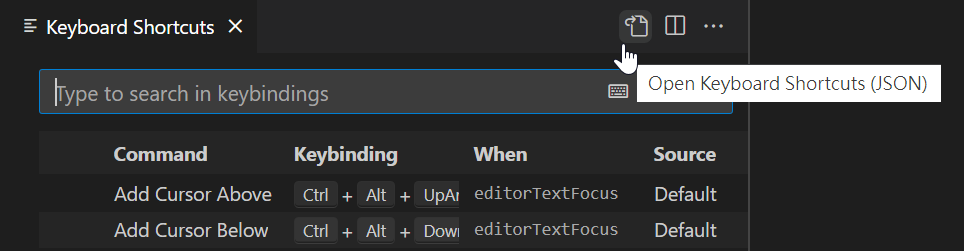 Open Keyboard Shortcuts JSON button